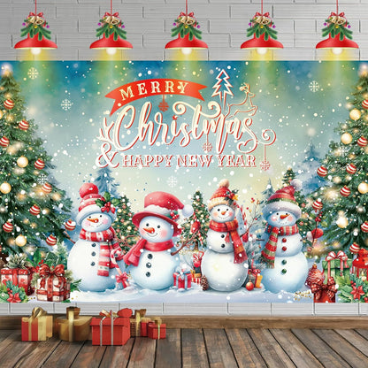 Large Christmas Banner Backdrop, Snowman Merry Christmas Banner Indoor Xmas Photography Background Party Decoration for Xmas New Year Party Photo Booth Wall Hanging Decor, 72.8 X 43.3 Inch