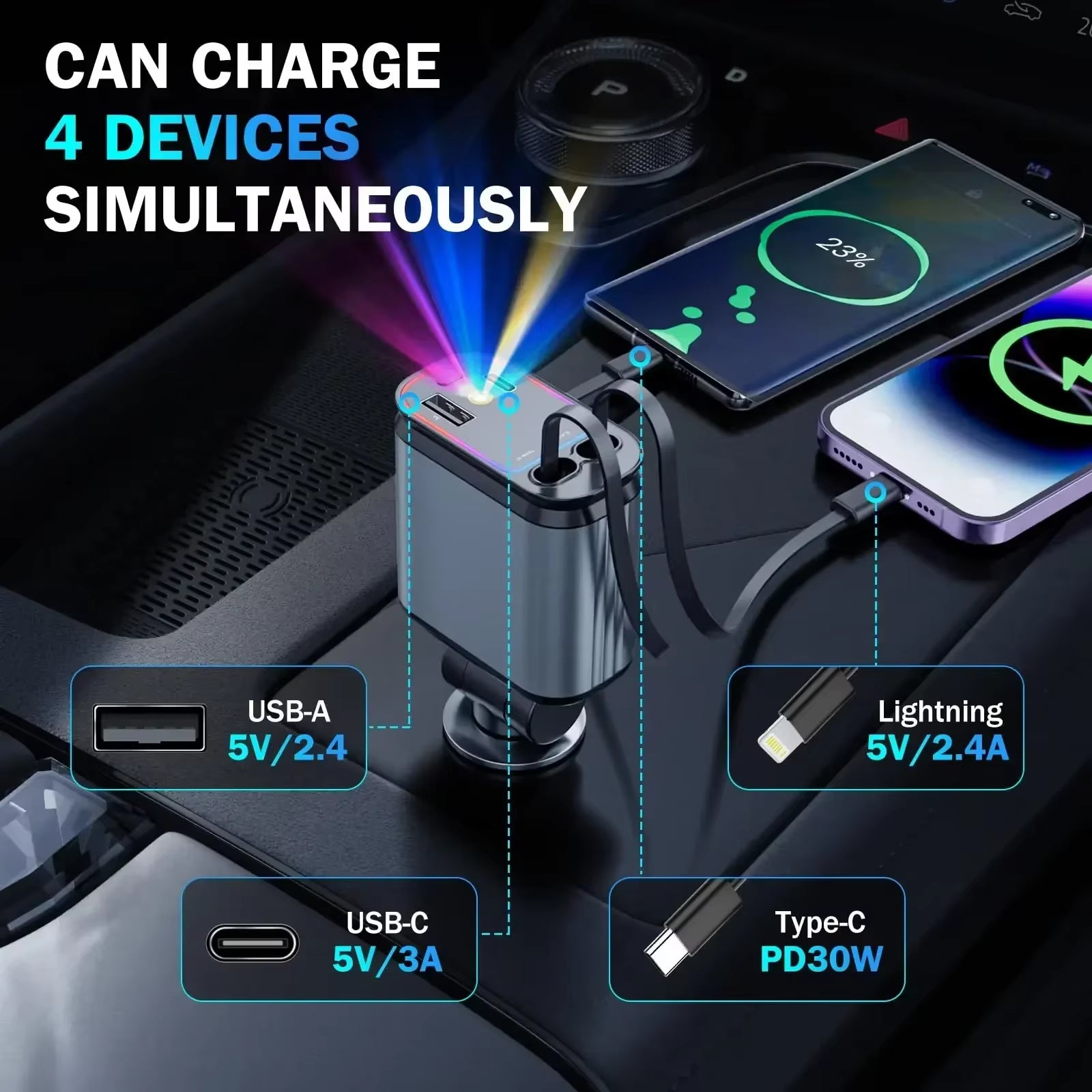 120W Retractable Fast Charger for Apple Devices - Type C USB Socket with Digital Display and PD QC3.0 Cigarette Lighter Adapter