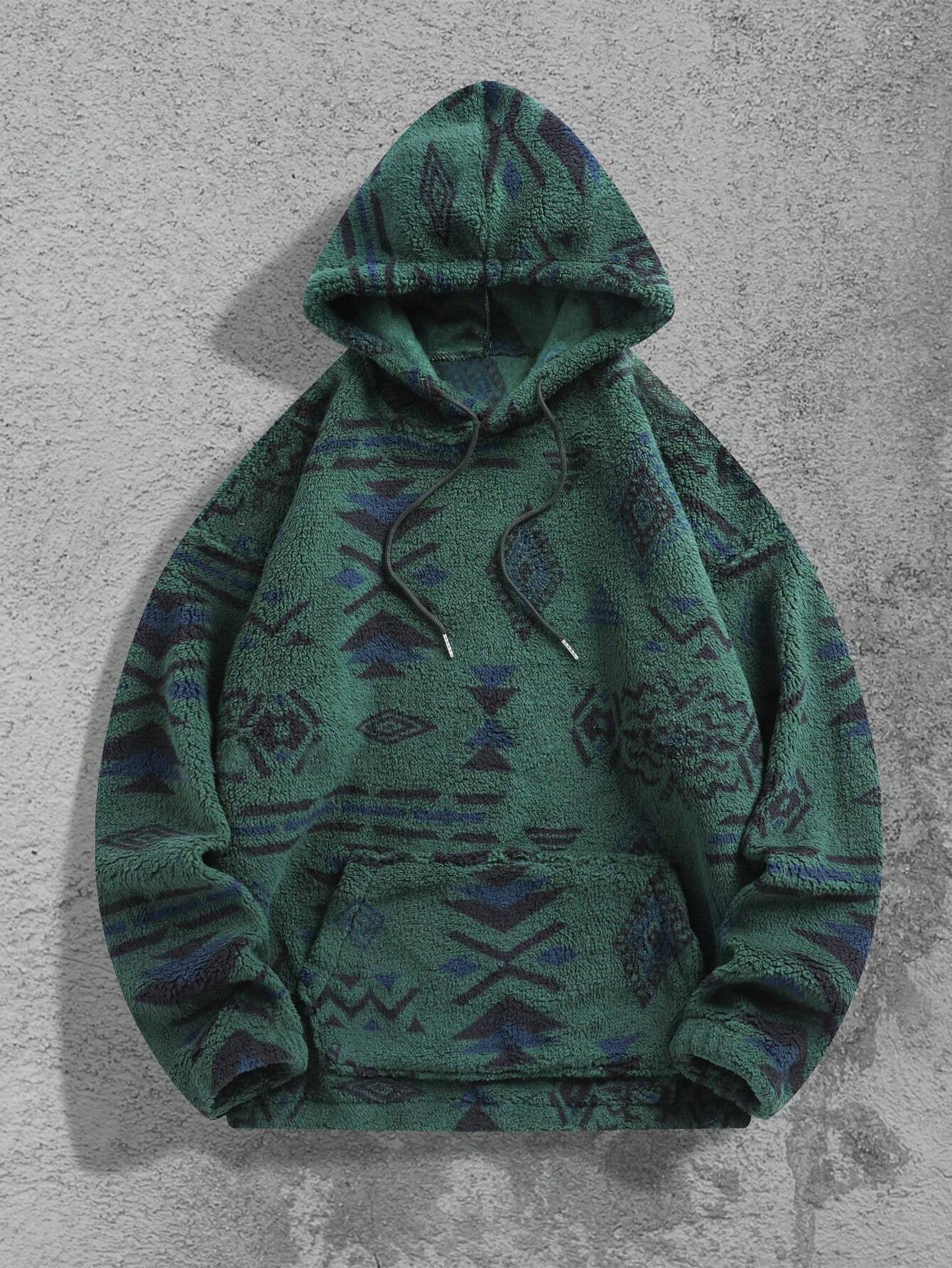 Men'S Totem Print Hooded Sherpa Fleece Sweatshirt