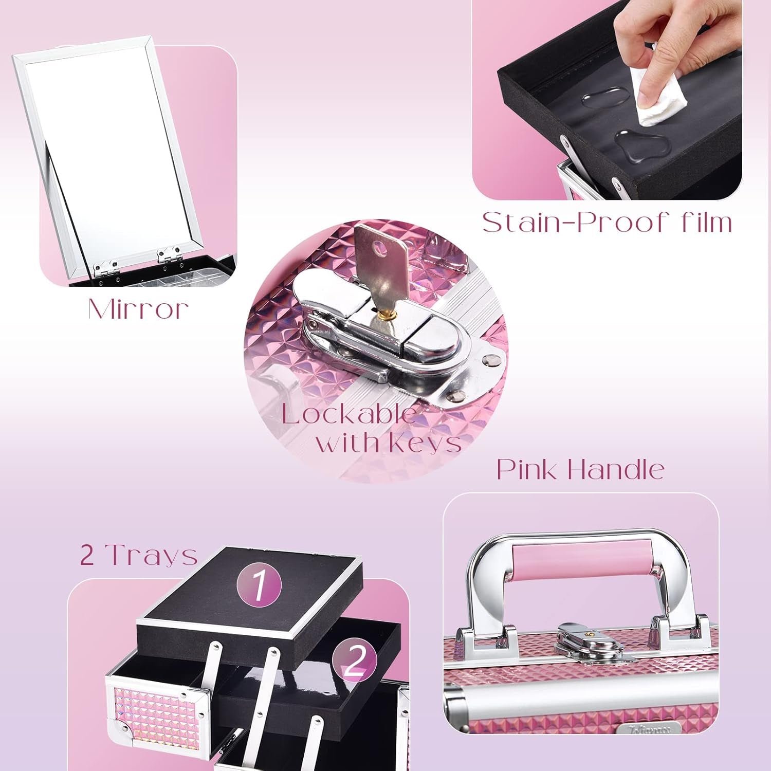 Holographic Pink Makeup Box Vanity Case - Lockable Cosmetic Organizer with Mirror for Professional and Personal Use