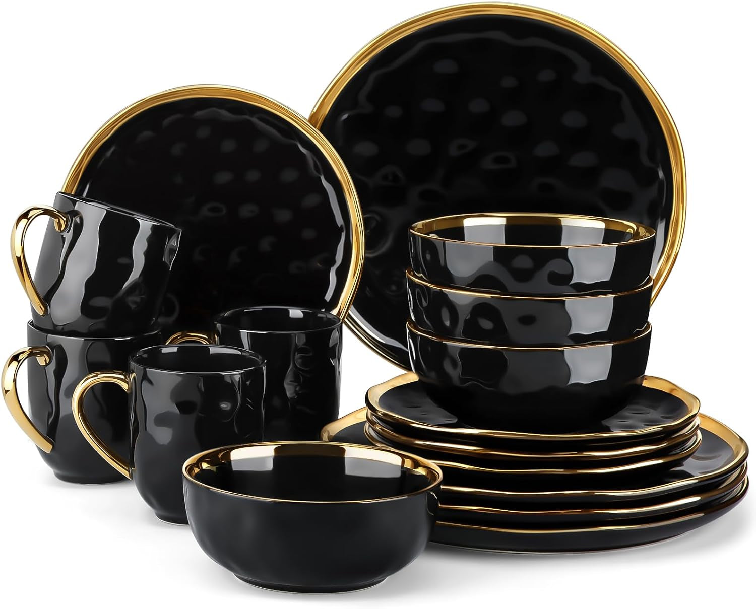 'Apollo', 16 Piece Dinner Set, Stoneware Dish Set for 4, Kitchen Plates and Bowls Sets, Handmade Dinnerware Set with Gold Trim, Dishwasher Safe, Black and Gold