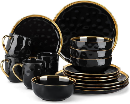 'Apollo', 16 Piece Dinner Set, Stoneware Dish Set for 4, Kitchen Plates and Bowls Sets, Handmade Dinnerware Set with Gold Trim, Dishwasher Safe, Black and Gold