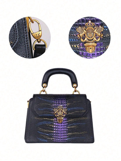 Luxury Custom 2025 New Vintage Women'S Handbag, Fashion Elaborate Luxurious Blue & Gold Snake Print Lock Ornament Tote Bag, Mature Style Shoulder & Crossbody Bag, Detachable Handle