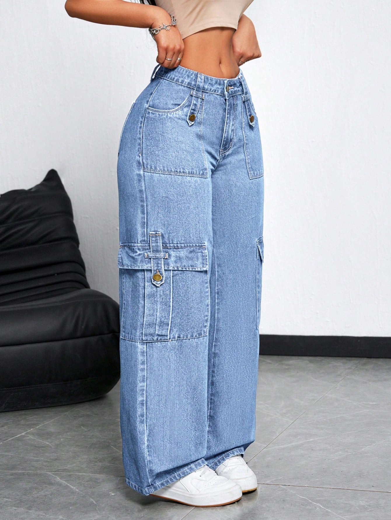 ICON Women'S Front Button Simple Multi-Pocket Casual Wide Leg Jeans, Daily Wear