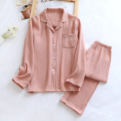 Long Sleeve Pajamas Cotton Double Layer Gauze Clothes Front Button Suit Solid Color