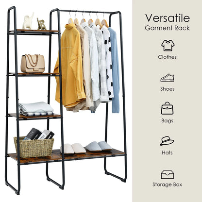 Free-Standing Clothing Rack with Five-Tier Wooden Shelves