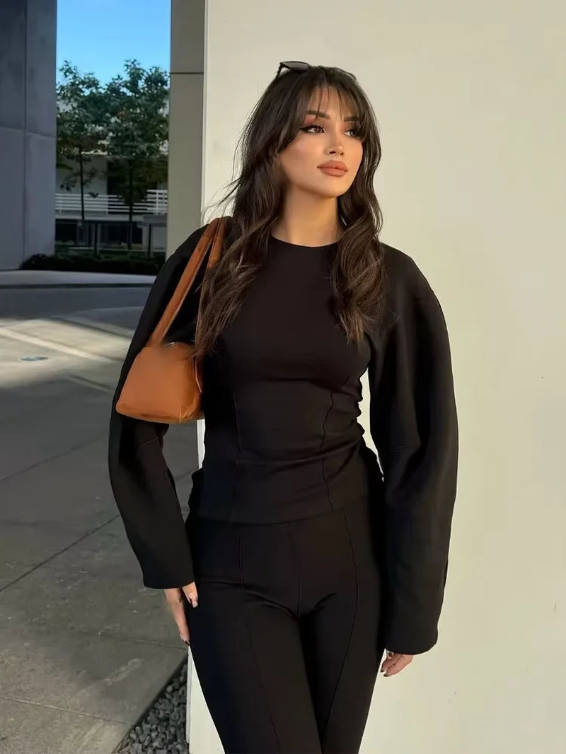 Women'S Two Pieces Set Pant Sets Crop Long Sleeve Sets Elegant Women'S Suits High Waist Wide Leg Trousers Outfit Streetwear