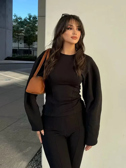 Women'S Two Pieces Set Pant Sets Crop Long Sleeve Sets Elegant Women'S Suits High Waist Wide Leg Trousers Outfit Streetwear