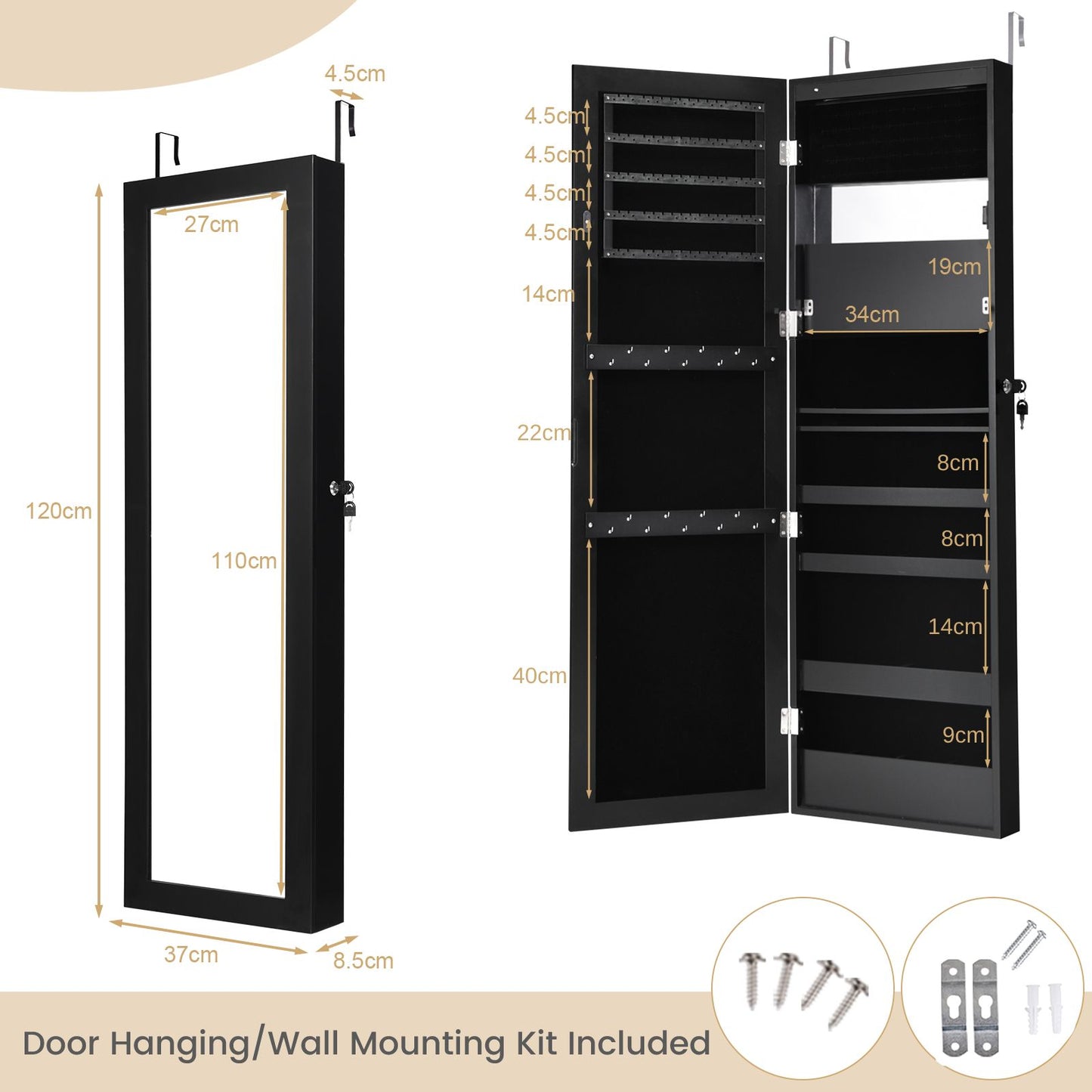 Elegant 120 cm Lockable Jewelry Cabinet Mirror with 15 LED Lights for Secure and Stylish Organization