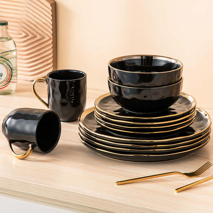 'Apollo', 16 Piece Dinner Set, Stoneware Dish Set for 4, Kitchen Plates and Bowls Sets, Handmade Dinnerware Set with Gold Trim, Dishwasher Safe, Black and Gold