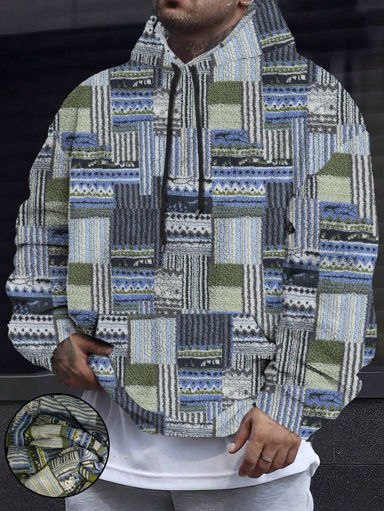 Men'S Totem Print Hooded Sherpa Fleece Sweatshirt