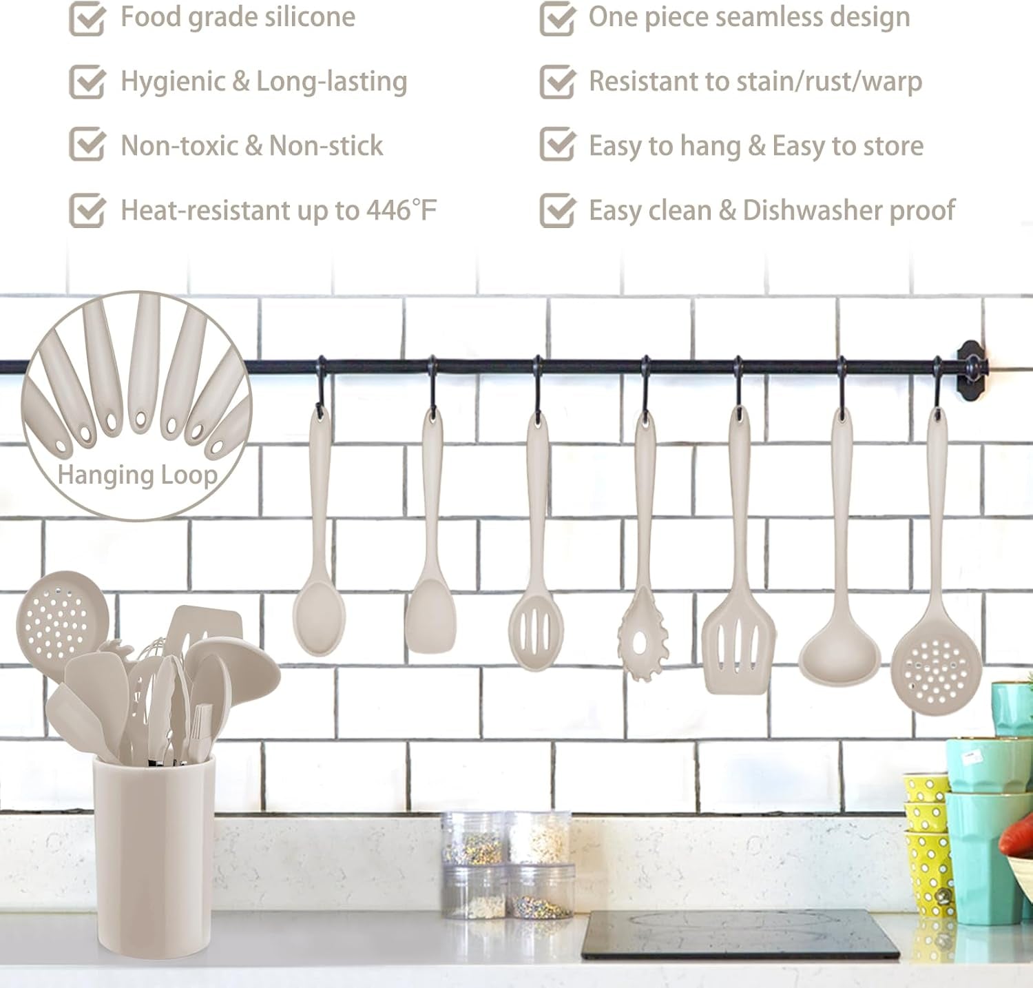 Kitchen Utensil Set,  12 Piece Cooking Utensils Set with Holder, Heat Resistant Kitchen Tools Include Spoons Turner Spatula for Non-Stick Cookware, Khaki