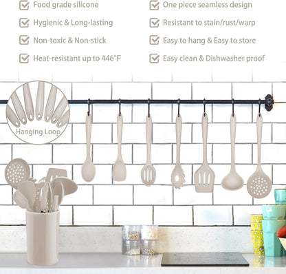 Kitchen Utensil Set,  12 Piece Cooking Utensils Set with Holder, Heat Resistant Kitchen Tools Include Spoons Turner Spatula for Non-Stick Cookware, Khaki