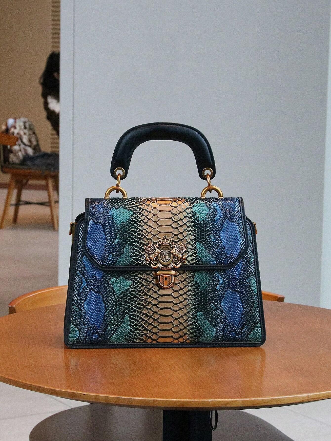 Luxury Custom 2025 New Vintage Women'S Handbag, Fashion Elaborate Luxurious Blue & Gold Snake Print Lock Ornament Tote Bag, Mature Style Shoulder & Crossbody Bag, Detachable Handle