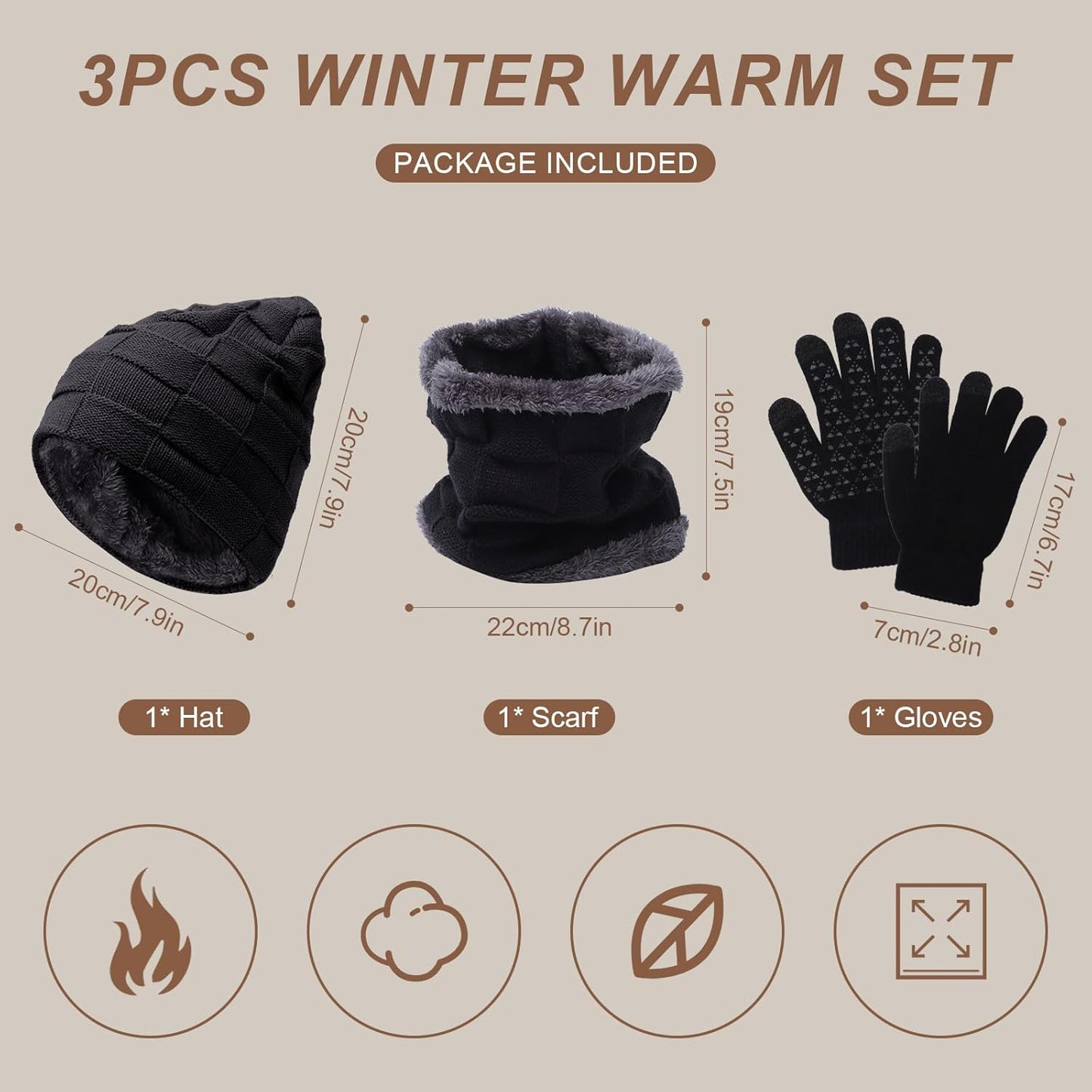 3Pcs Kids Hat Scarf Gloves Set, Winter Knitted Fleece Lined Beanie Hat Neck Warmer Touch Screen Gloves for Girls Boys