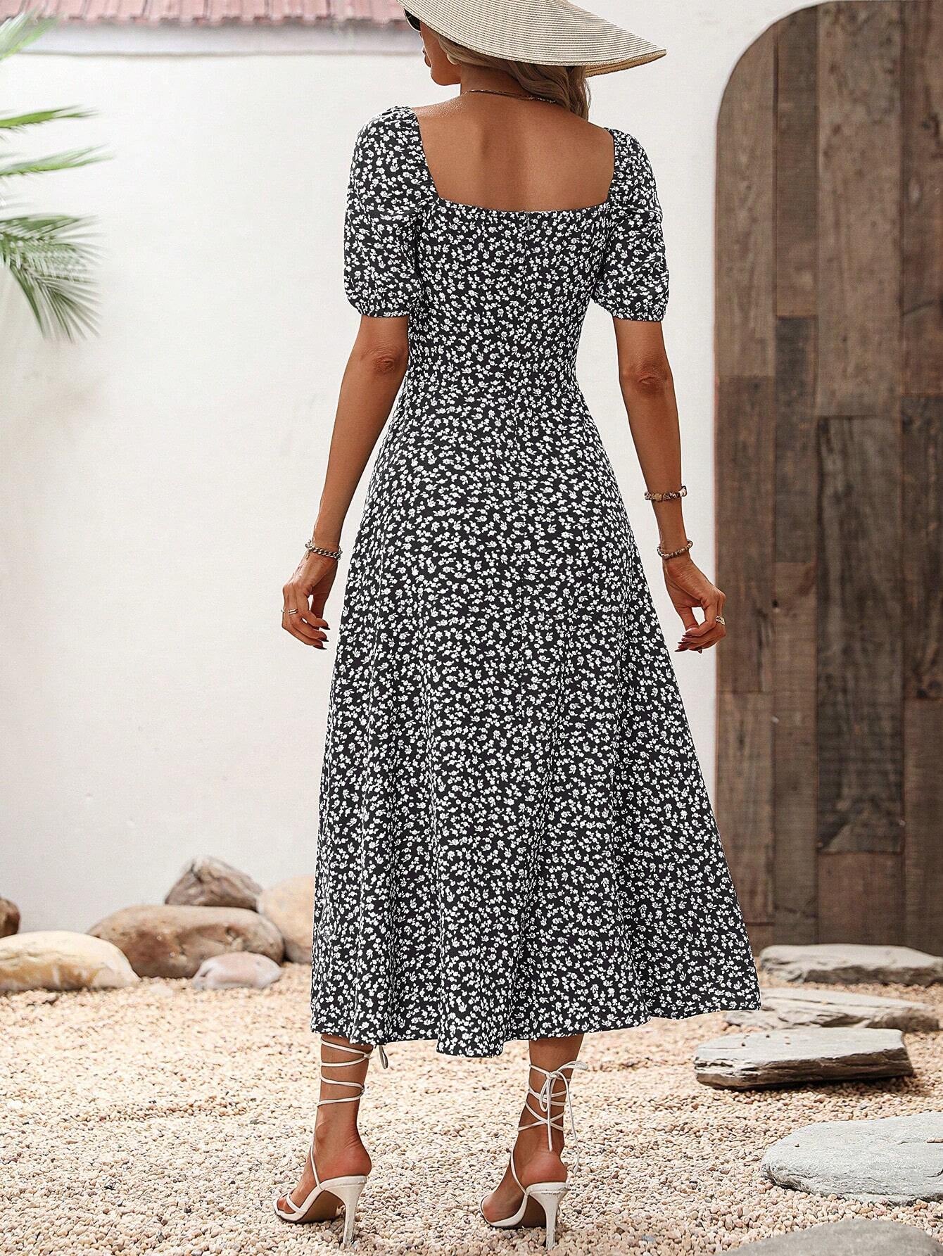 Women's Floral A-Line Maxi Dress with Split Thigh for Holiday Beach Getaways