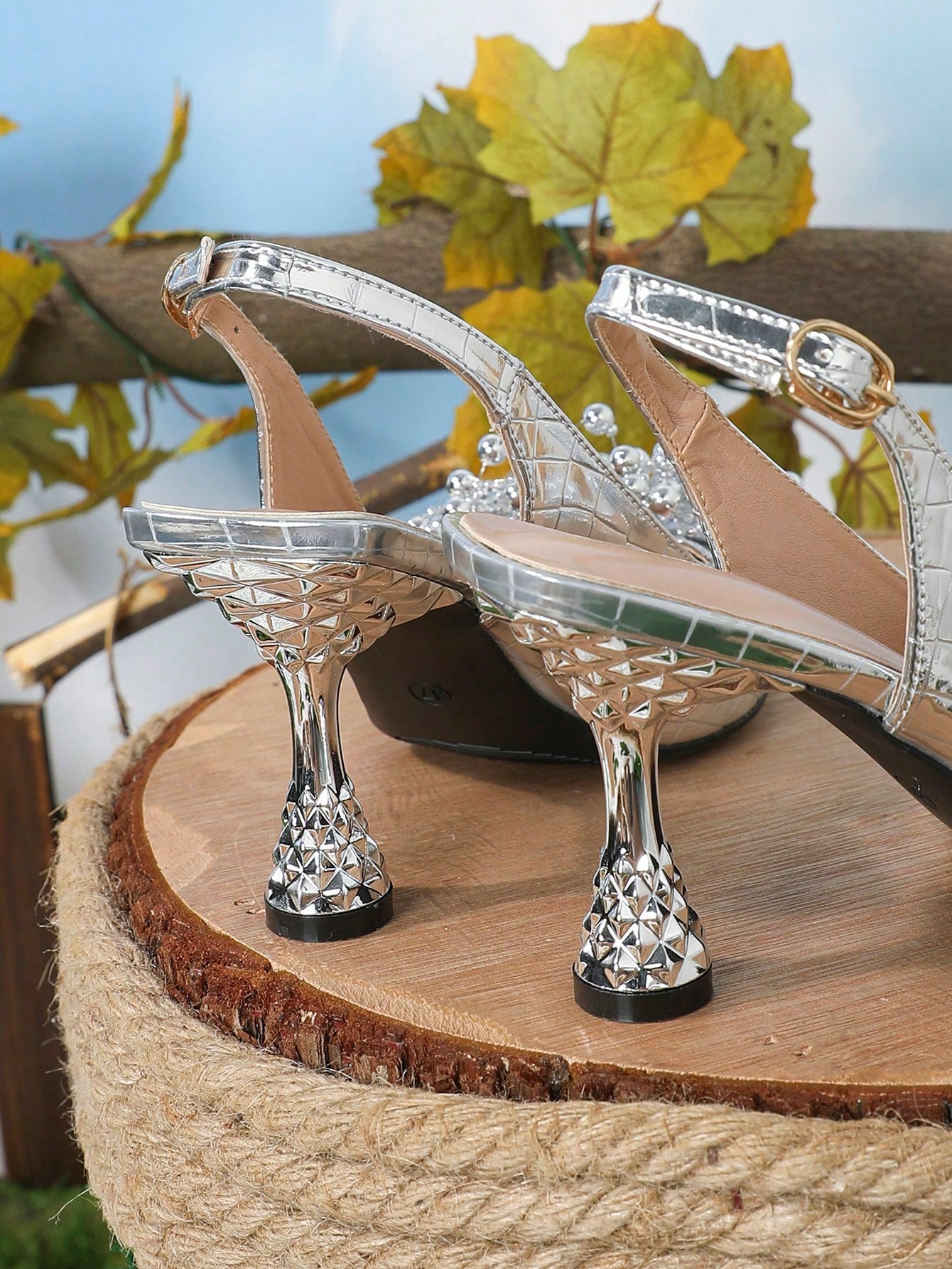 Pink Elastic Strap Back Rhinestone Women'S Sandals, Pointed Toe Backless Square High Heel Shoes, Unique Design