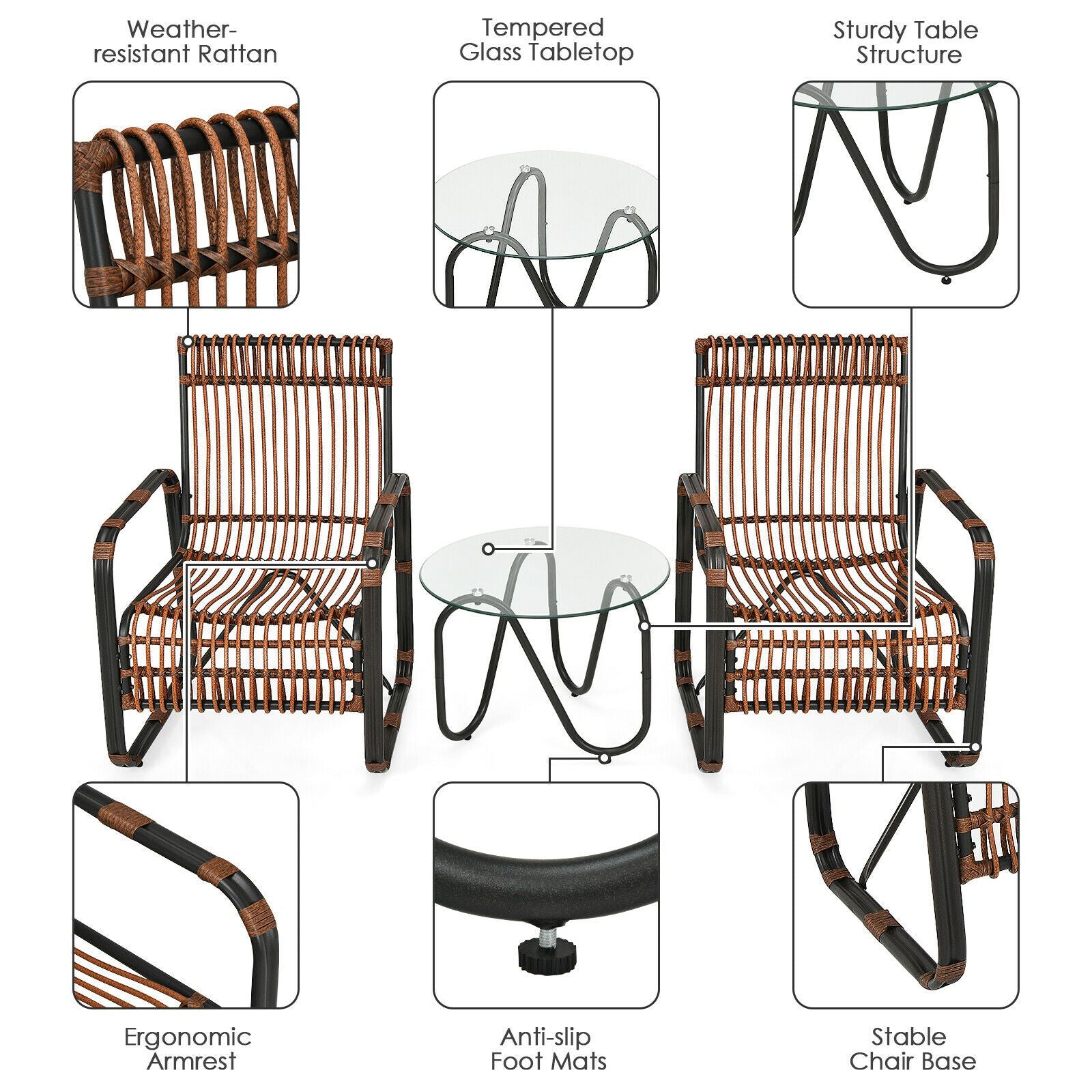 3-Piece Rattan Patio Furniture Set Featuring Two Armchairs and a Glass Coffee Table