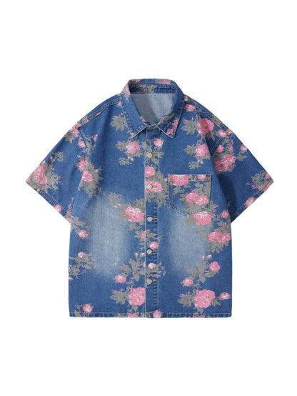 ROMWE MEN Men'S Floral Print Short Sleeve Single-Breasted Pocket Loose Casual Denim Jacket, Vacation