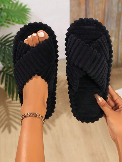Women Home Slippers with Crossed Opening, Four Seasons Indoor Floor Slippers, Comfortable and Fashionable Fluffy Slippers with White Corduroy Crossed Straps, Suitable for Spring & Autumn, Couple Slippers