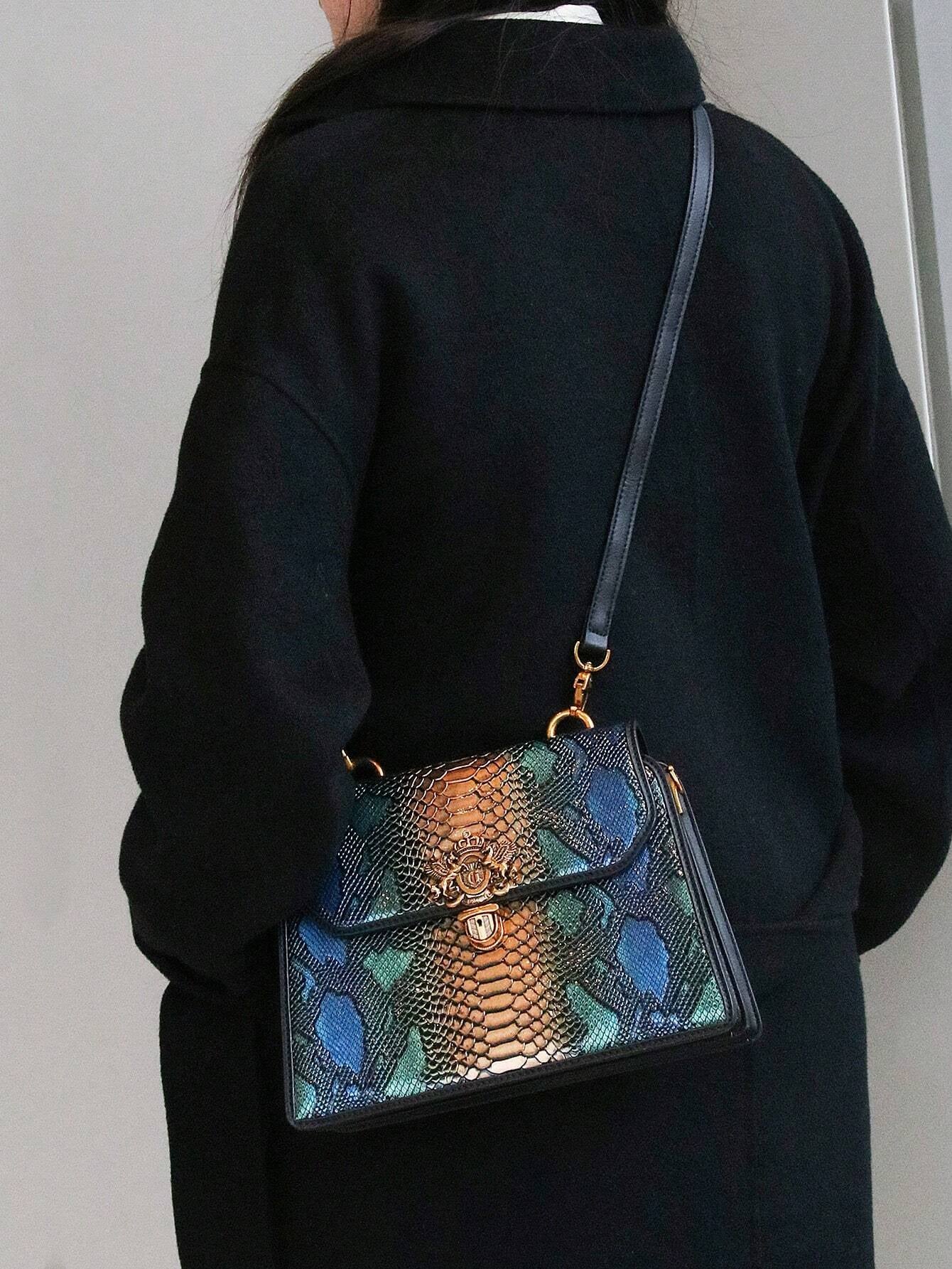 Luxury Custom 2025 New Vintage Women'S Handbag, Fashion Elaborate Luxurious Blue & Gold Snake Print Lock Ornament Tote Bag, Mature Style Shoulder & Crossbody Bag, Detachable Handle