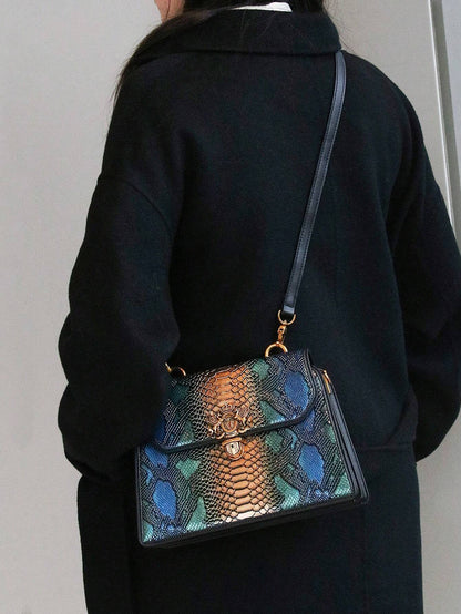Luxury Custom 2025 New Vintage Women'S Handbag, Fashion Elaborate Luxurious Blue & Gold Snake Print Lock Ornament Tote Bag, Mature Style Shoulder & Crossbody Bag, Detachable Handle