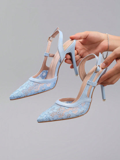 Women'S Lace Patchwork Pointed Toe High Heel Sandals, Hollow Out Breathable Sexy Fashion Party Stilettos