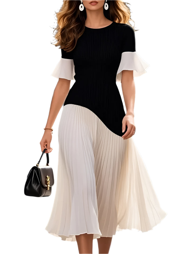 Freeacy 2025 New Elegant High Street Dress for Women Half Length Flared Sleeves High Waist Pleated Midi Dress Evening Dresses