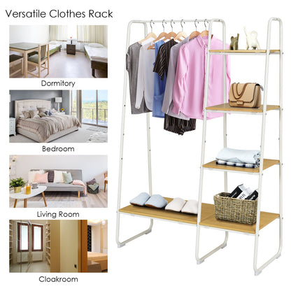 Free-Standing Clothing Rack with Five-Tier Wooden Shelves