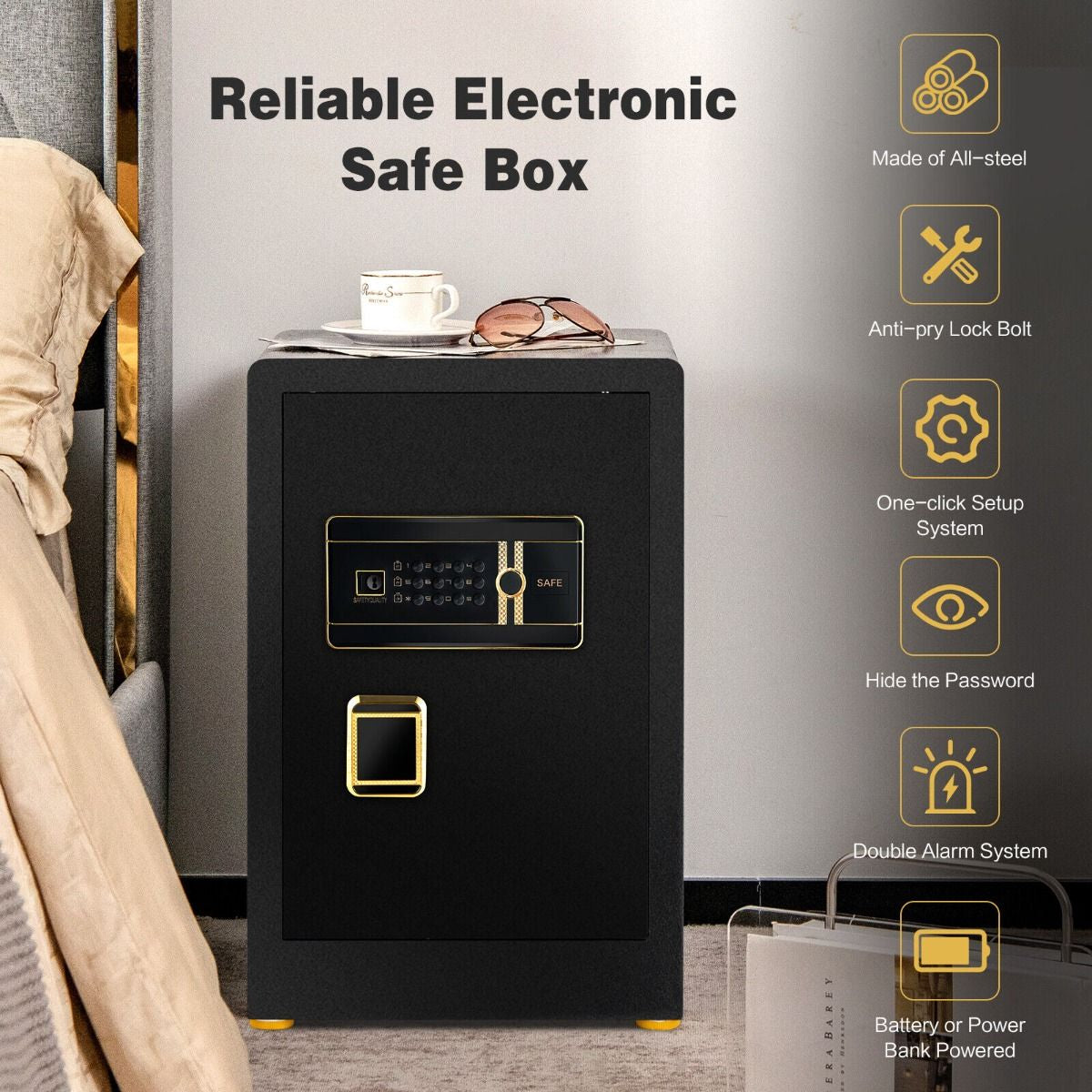 Electronic Safe with Triple Access Mechanisms for Secure Cash and Jewelry Storage