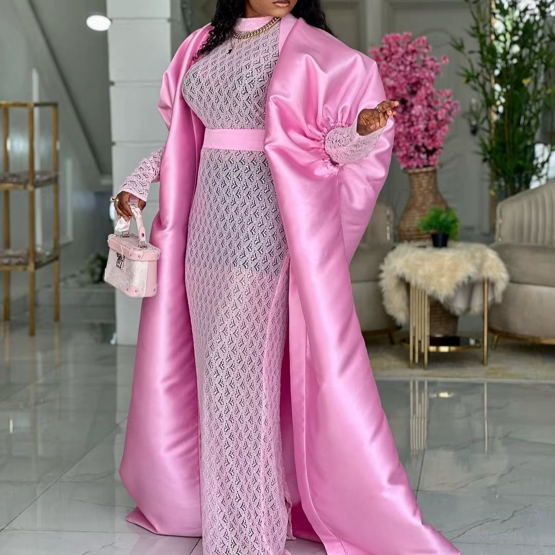 Two Pieces Set Loose Africa Clothing Kaftan Boubou Maxi Gown for Women inside Lace Dresses with Cape Occasion Autumn New Fashion