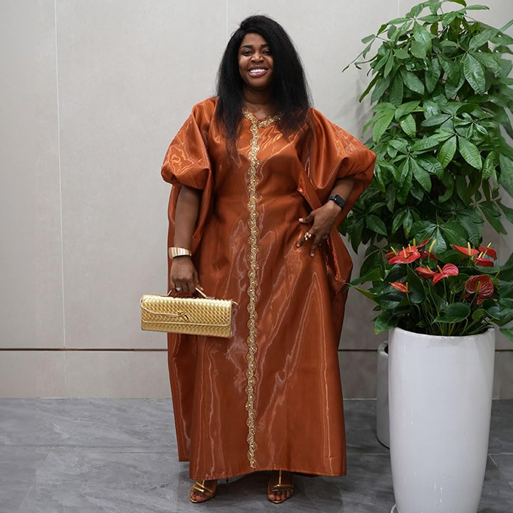 African Print Boubou Dress for Woman Rhinestone Kaftan Casual Gown Half Sleeves