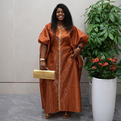African Print Boubou Dress for Woman Rhinestone Kaftan Casual Gown Half Sleeves