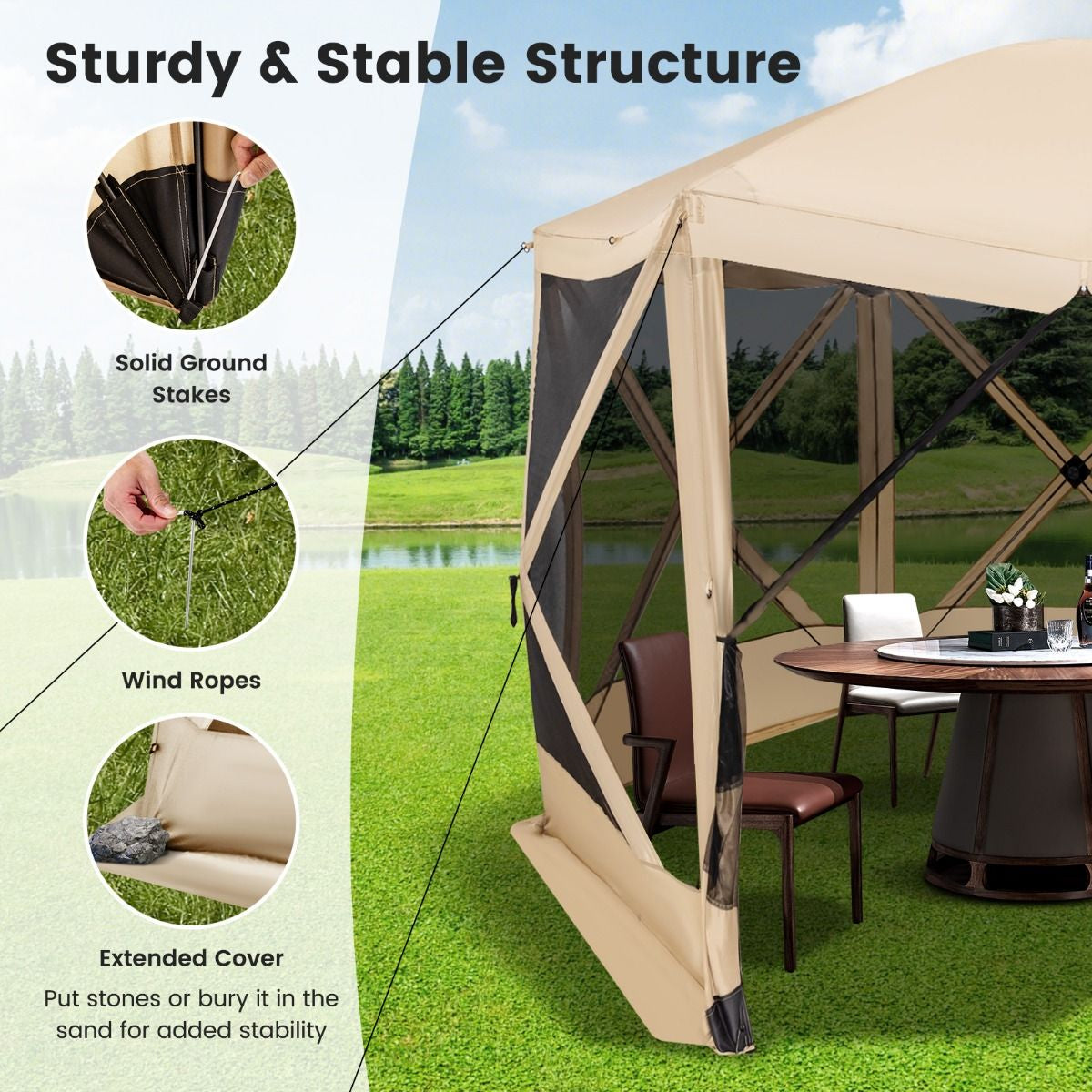 6-Sided Instant Setup Camping Gazebo with Portable Carrying Bag