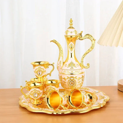1Set Vintage Metal Turkish Coffee Pot Set European Style Tea Set 6 Luxury Coffee Cups Craft Tea Tray and Teapot for Serving Tea