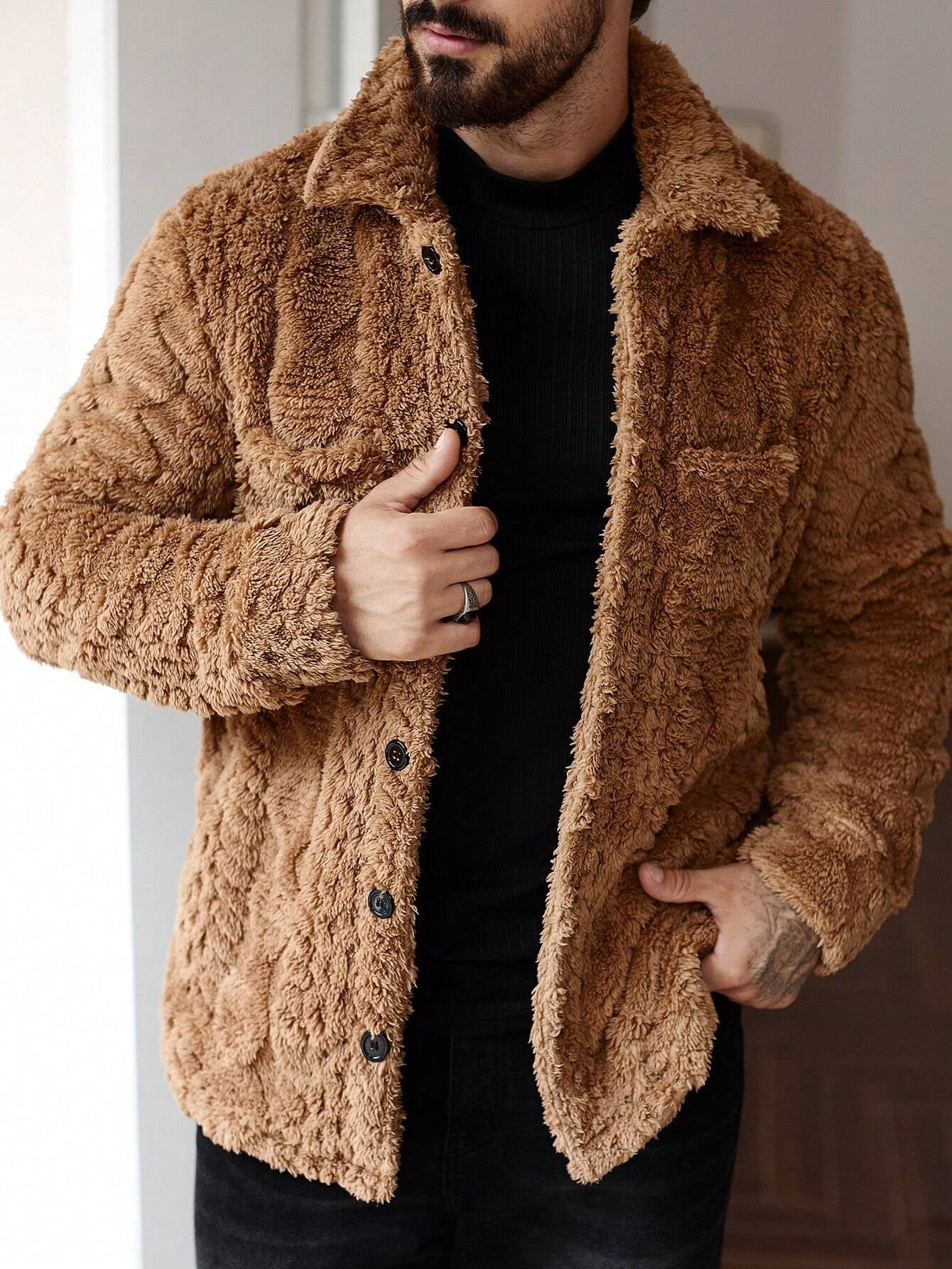 Manfinity Homme Men'S Casual Solid Color Fuzzy Jacket for Autumn/Winter ,Men Flannel,Winter Men Jacket, Going Out Warm Long Sleeve Jacket, for Friends, Husband, Boyfriend Gifts