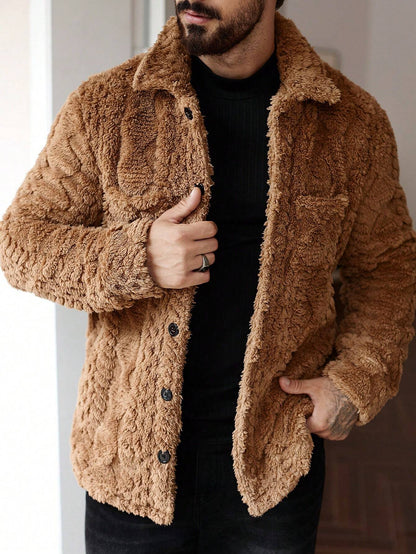 Manfinity Homme Men'S Casual Solid Color Fuzzy Jacket for Autumn/Winter ,Men Flannel,Winter Men Jacket, Going Out Warm Long Sleeve Jacket, for Friends, Husband, Boyfriend Gifts