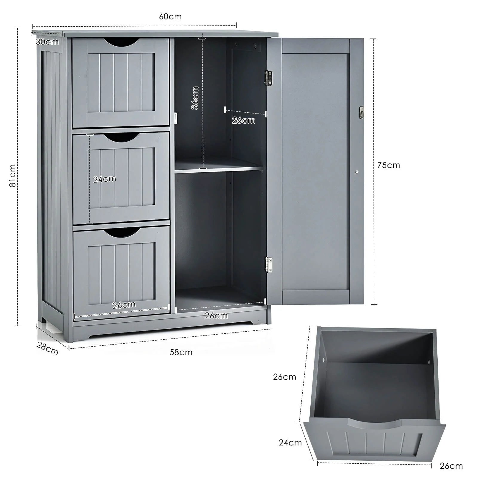 Freestanding Bathroom Cabinet with One Door and Three Drawers