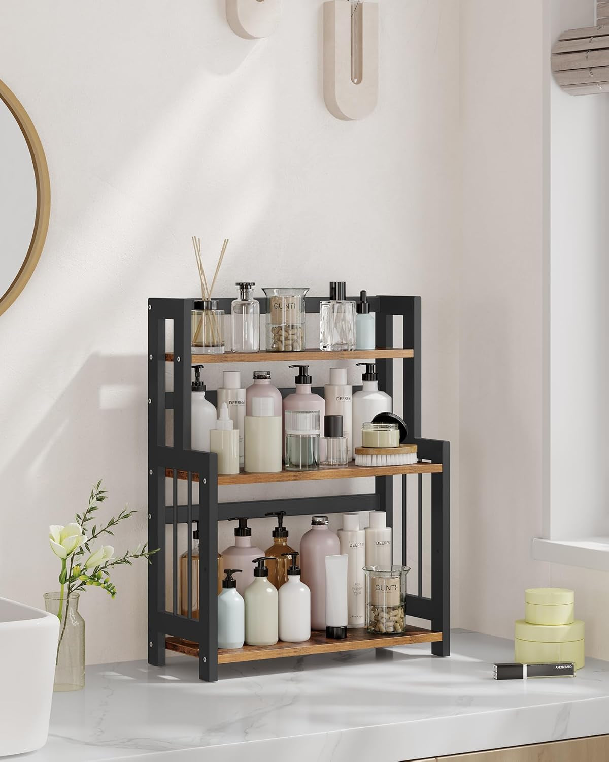 Spice Rack, 3 Tier Storage Rack, Desktop Organizer, Bamboo Frame, for Kitchen, Dining Room, Office, Rustic Brown and Black OFS047B01