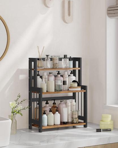 Spice Rack, 3 Tier Storage Rack, Desktop Organizer, Bamboo Frame, for Kitchen, Dining Room, Office, Rustic Brown and Black OFS047B01