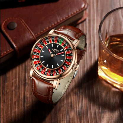 Quartz Man Watch Fashion Luxury Creative Roulette Game Dial Design Leather Casual Life Waterproof Watches for Men Gifts+Box