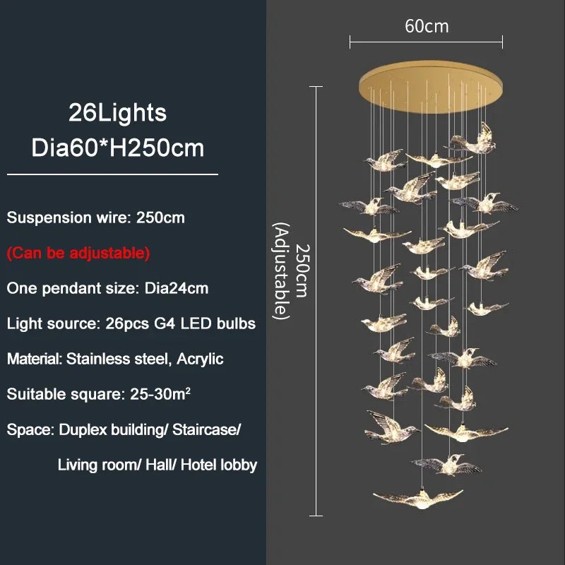 Luxury Led Chandelier for Staircase Modern Home Decor Hanging Lamp Creative Bird Design Lighting Acrylic Living Room Lustre