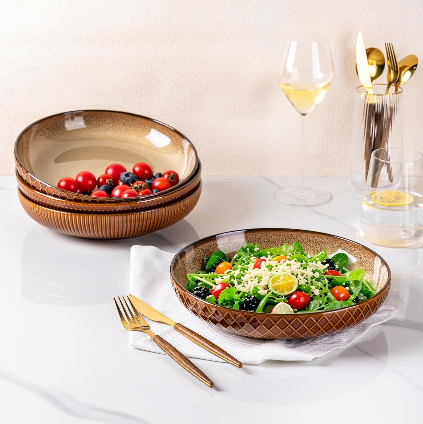 9.5'' Large Pasta Bowls, 42 Ounce Stoneware Salad Bowls for Kitchen, Ceramic Serving Bowls with Textured Pattern for Pasta,Fruit, Stews,Noodle, House-Warming Gift,Set of 4
