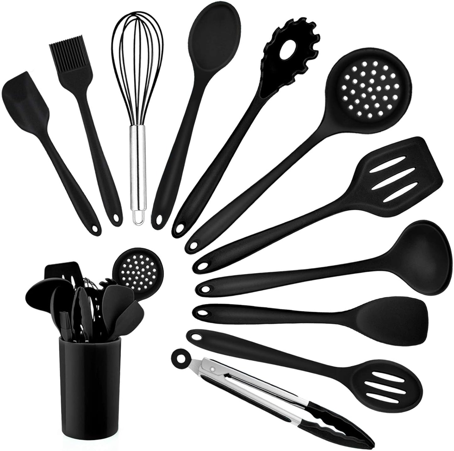 Kitchen Utensil Set,  12 Piece Cooking Utensils, Silicone Kitchen Utensils Set with Holder, Heat Resistant Kitchen Tools Include Spoons Turner Spatula Ladle Tong for Non-Stick Cookware, Black