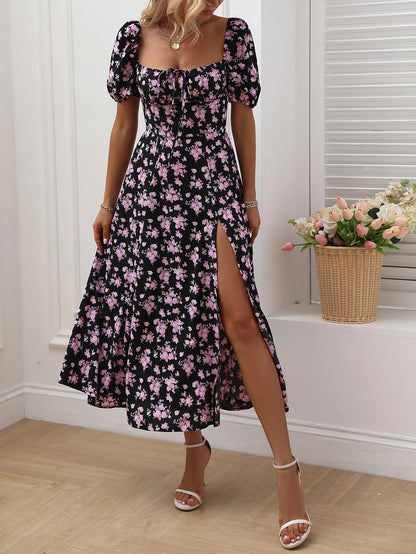 Women's Floral A-Line Maxi Dress with Split Thigh for Holiday Beach Getaways