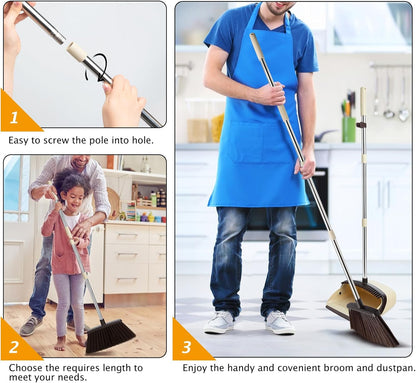 Long Handle Dustpan and Brush Sets, Broom and Dustpan Set with Comb Teeth, Sweeping Brush Set for Indoor Kitchen Lobby Office Sweeping Pet Dog Hair, Household Cleaning Supplies (Brown Beige)