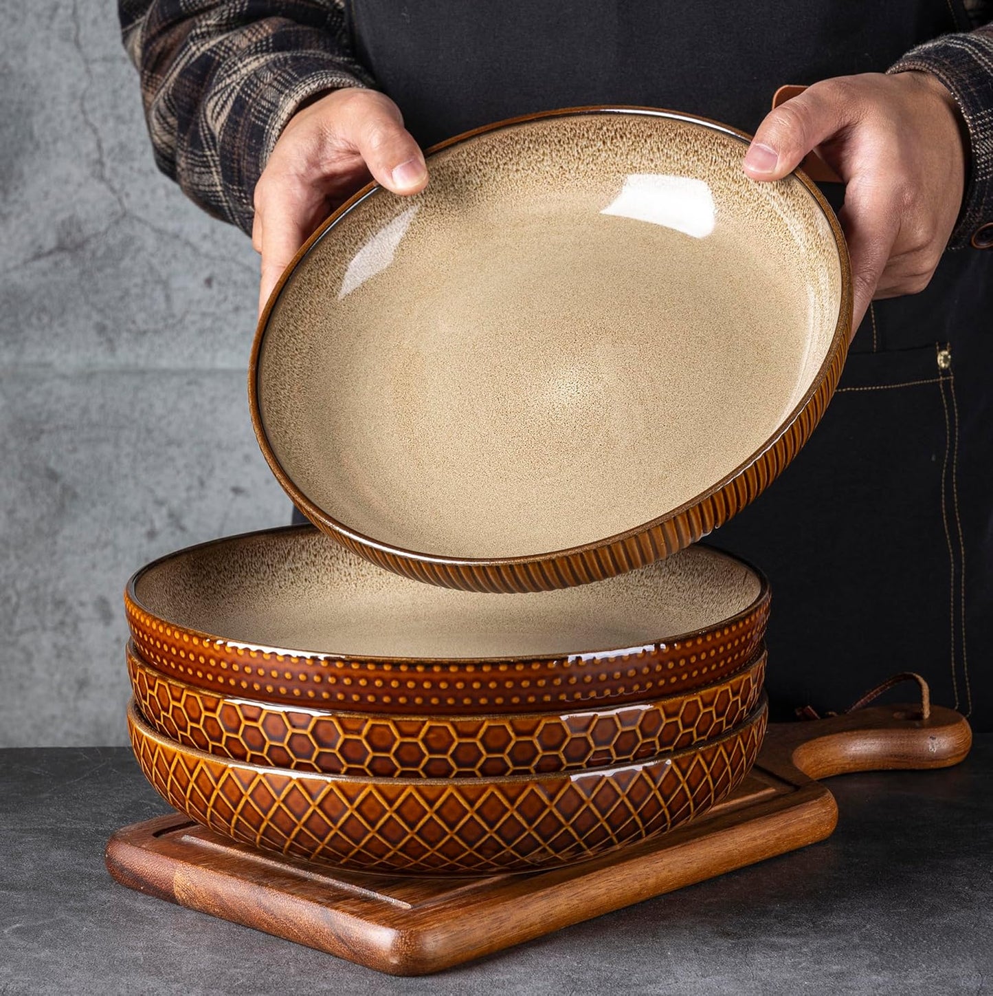 9.5'' Large Pasta Bowls, 42 Ounce Stoneware Salad Bowls for Kitchen, Ceramic Serving Bowls with Textured Pattern for Pasta,Fruit, Stews,Noodle, House-Warming Gift,Set of 4