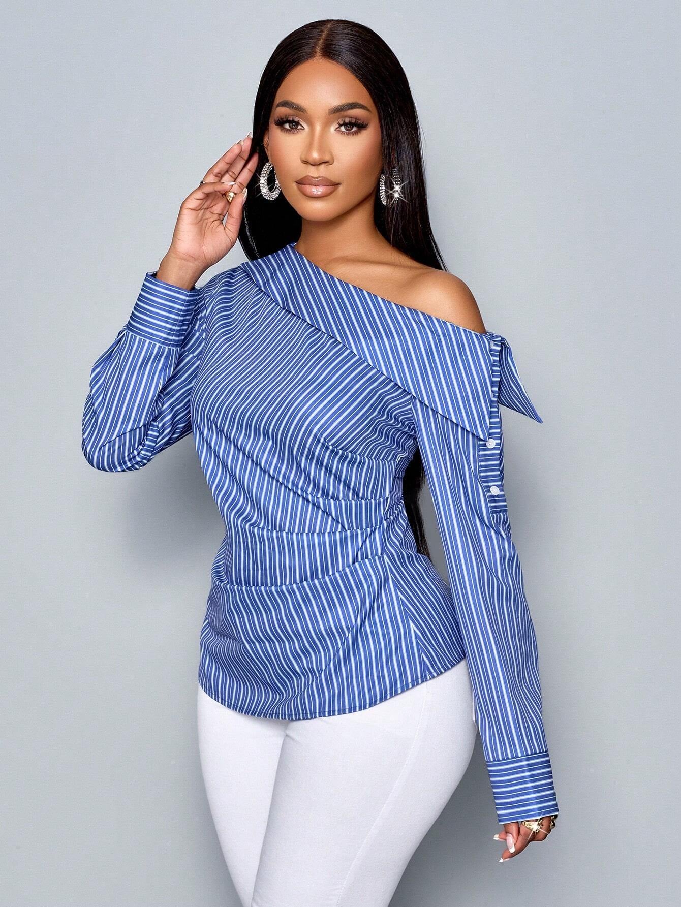 SOLERSUN Women'S Casual Blue Blouse with Long Sleeve, Asymmetrical Neck, Pleated Details, Turndown Collar, and Single-Breasted Closure, Random Floral Print One Shoulder Top