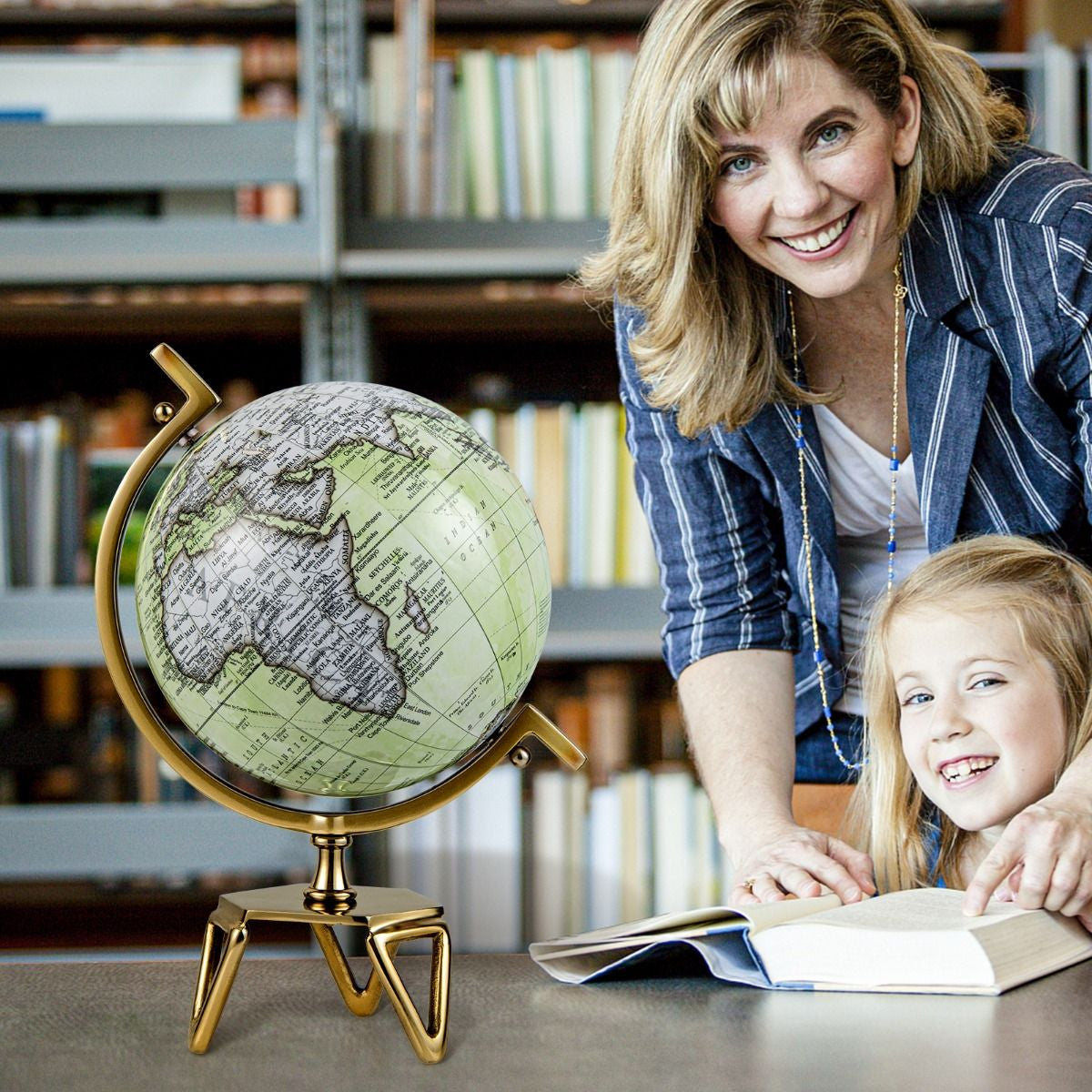 Elegant Interactive Educational Globe with Triangular Metal Stand and Realistic Meridian