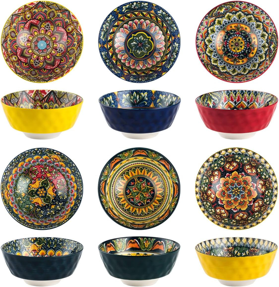 Cereal Bowls, Bowls Set of 6-25 OZ, Porcelain Bowl for Cereal/Soup/Noodles/Poke/Pho/Fruit, Boho Dishes - Vibrant Colours Soup Plates